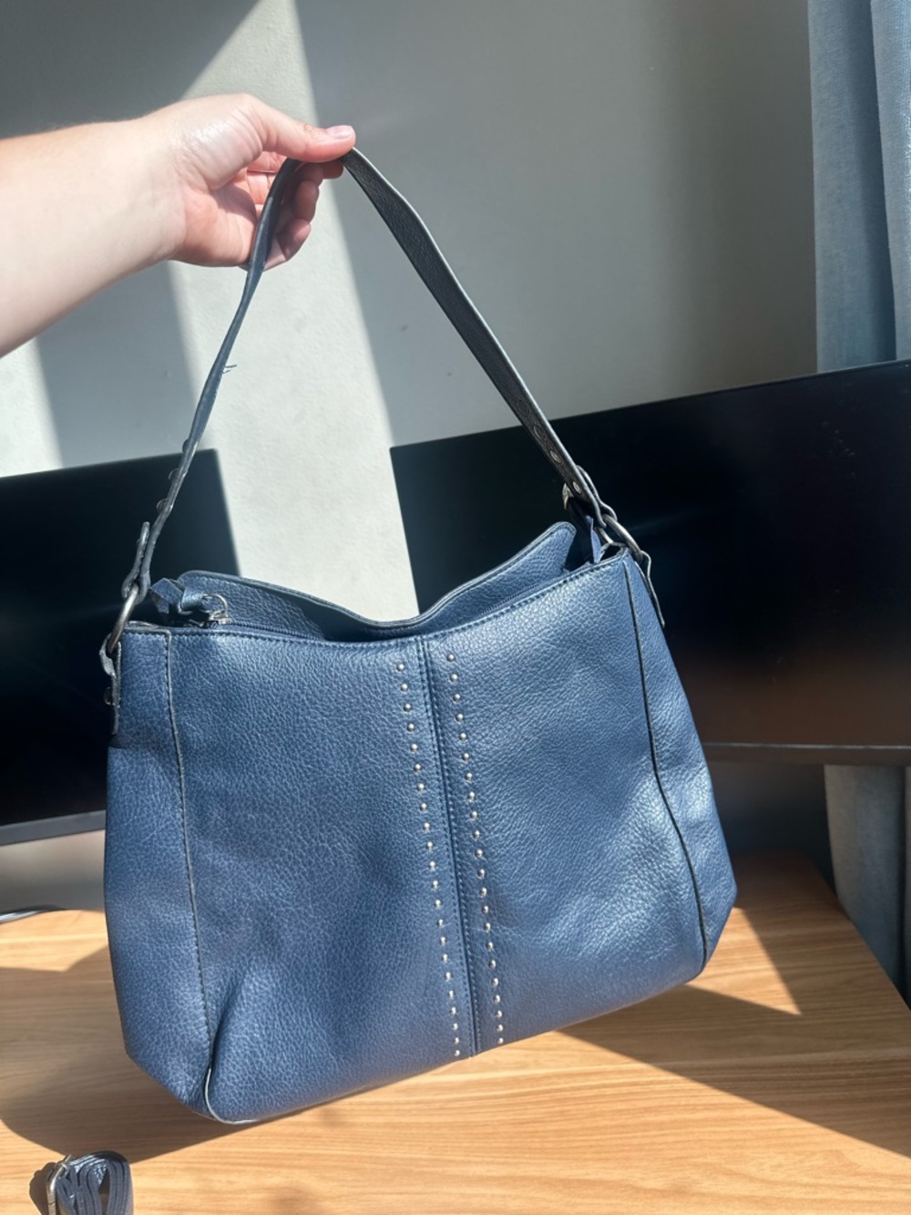 Montana West Classic Navy Leather Shoulder Bag